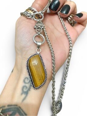 Tiger eye gemstone charm Y shape lariat boho Celtic knot steel chain necklace